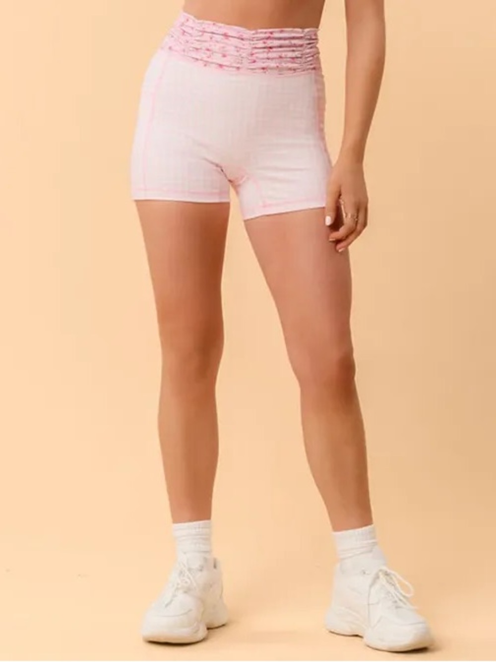 NWT Blogilates Women's Ruched Waist Bike Shorts, 1X - Pink Gingham